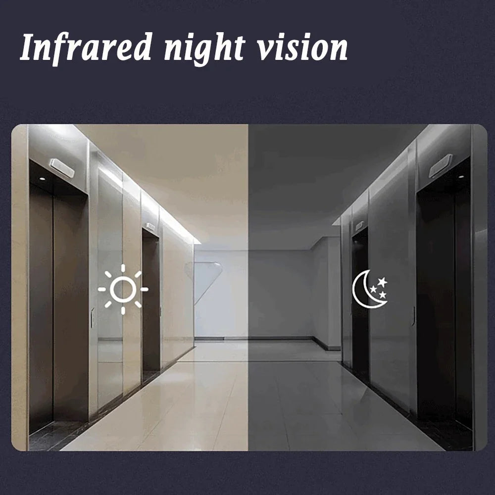 Split-screen comparison showing a hallway in bright daylight versus clear, black-and-white infrared night vision.