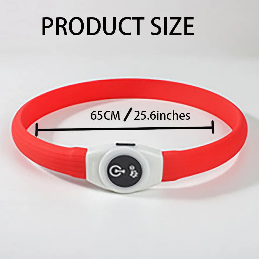 Bright red waterproof LED dog collar measuring 65cm, featuring a white control unit with a power button.