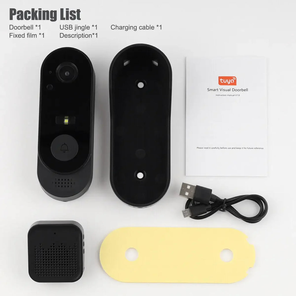 Wireless black smart video doorbell kit with camera, mounting bracket, USB charging cable, chime, and manual.