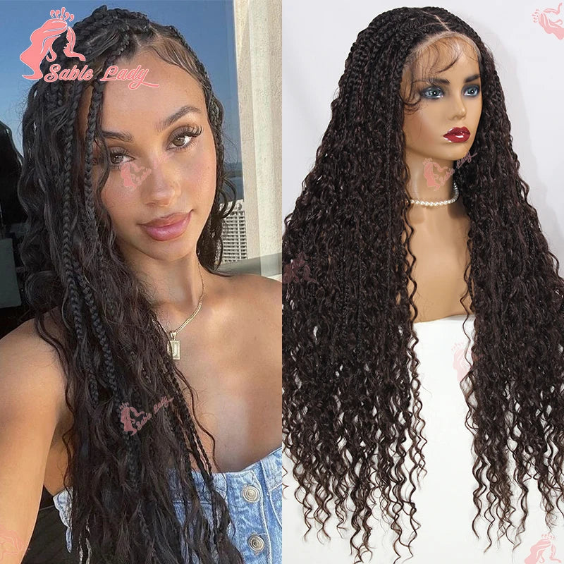 Long dark brown bohemian knotless box braid full lace wig with loose, curly ends on a mannequin.