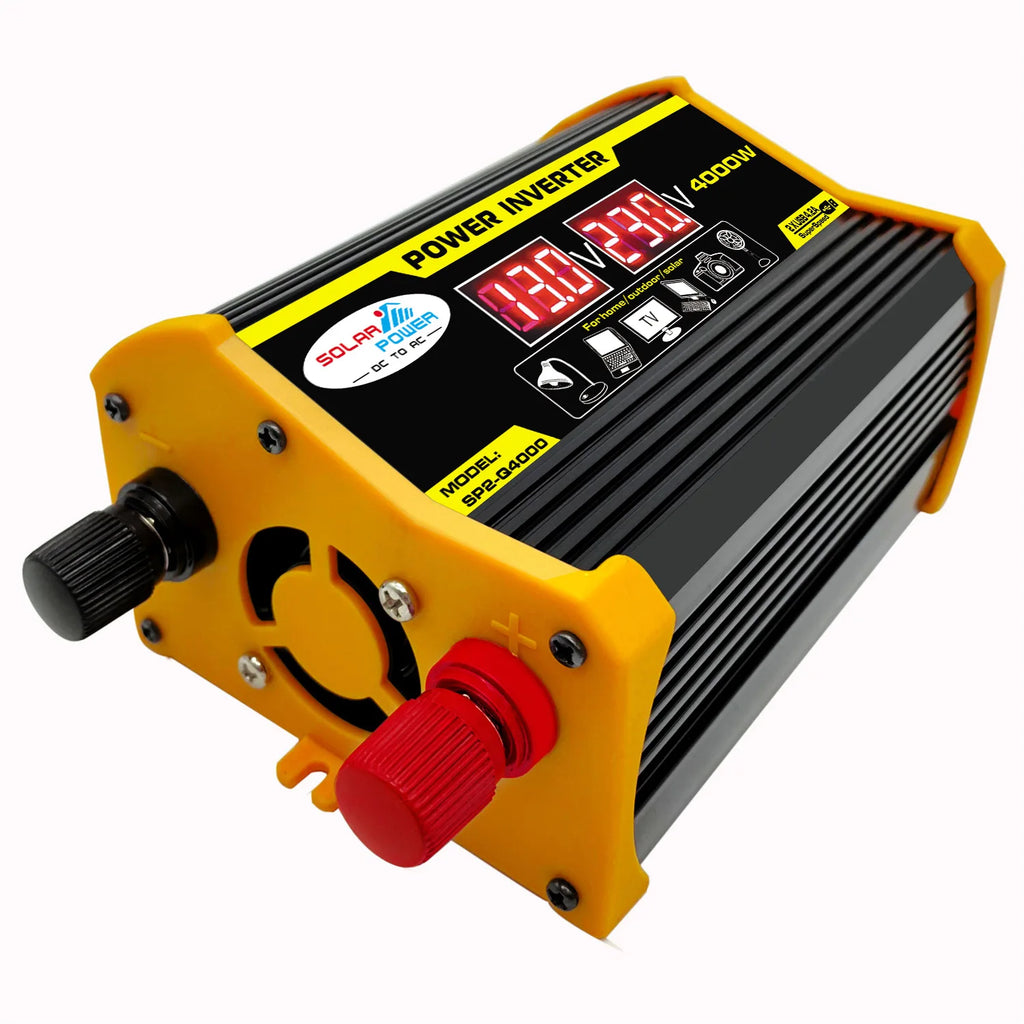 Black and yellow 4000W power inverter with a digital display, cooling fan, and positive/negative battery terminals.