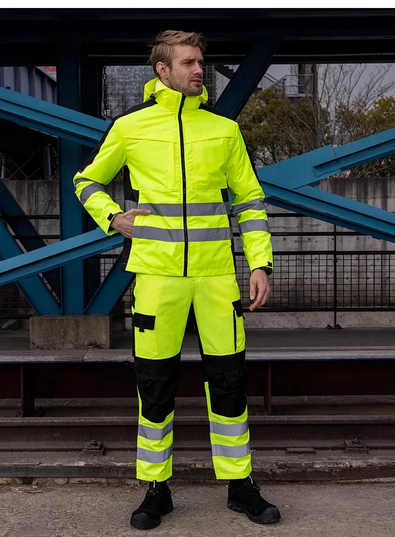 Model wearing a neon yellow and black 3-in-1 waterproof hi-vis jacket and trousers set with reflective tape strips.