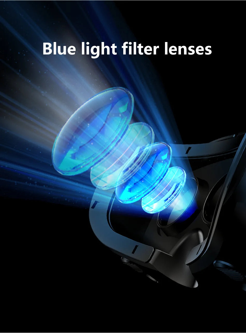 VR headset with glowing blue light filter lenses against a black background, showing layers of lens technology.