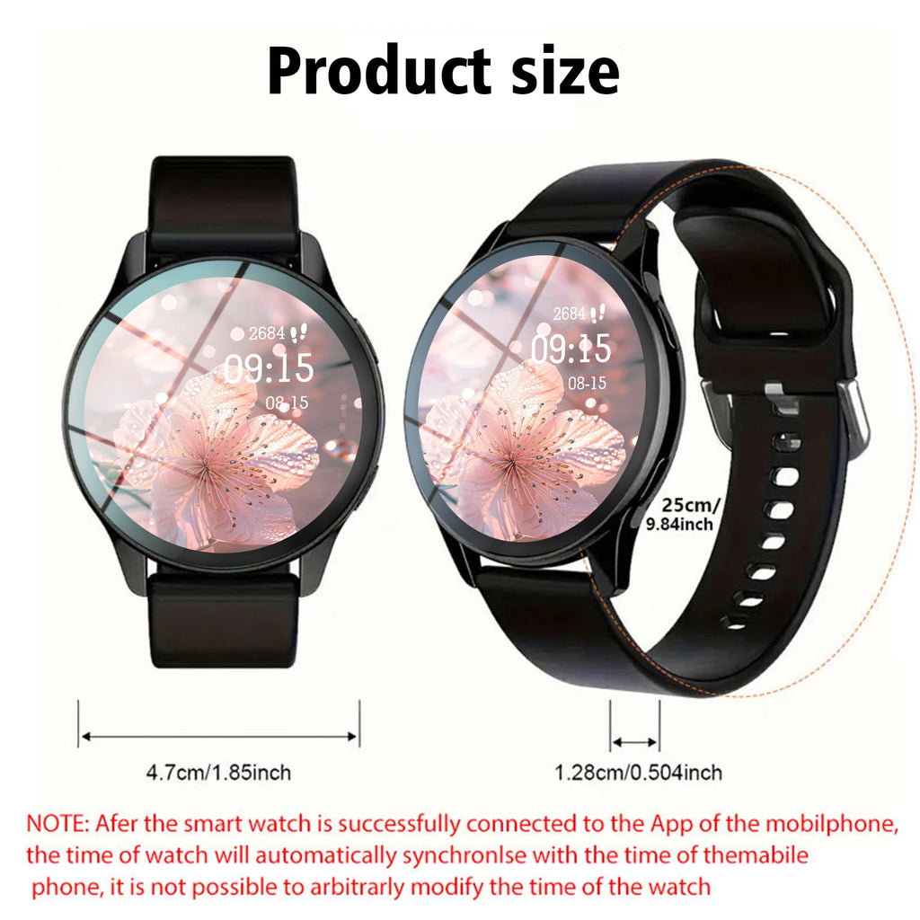 Black multi-sport smart watch with a round touchscreen display and silicone strap, showing product dimensions.