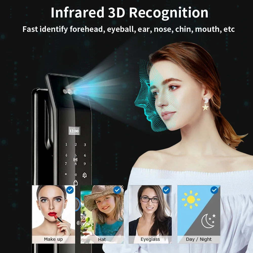 Infrared 3D recognition smart door lock scanning a woman's face, with inset icons for makeup, hat, eyeglass, and day/night.