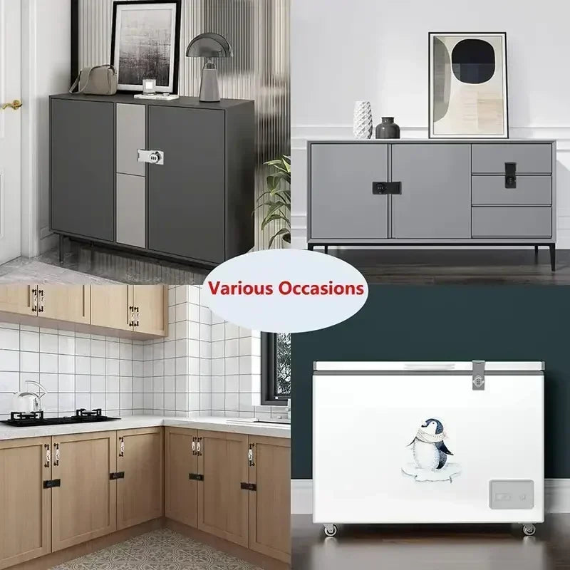 Adhesive metal security locks with combination codes, shown installed on cabinets, drawers, and a freezer.