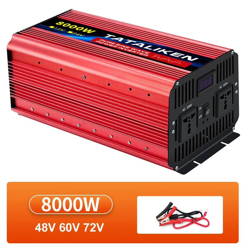 Red 8000W pure sine wave power inverter with dual AC outlets, LED display, and included battery connection cables.