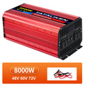 Red 8000W pure sine wave power inverter with dual AC outlets, LED display, and included battery connection cables.