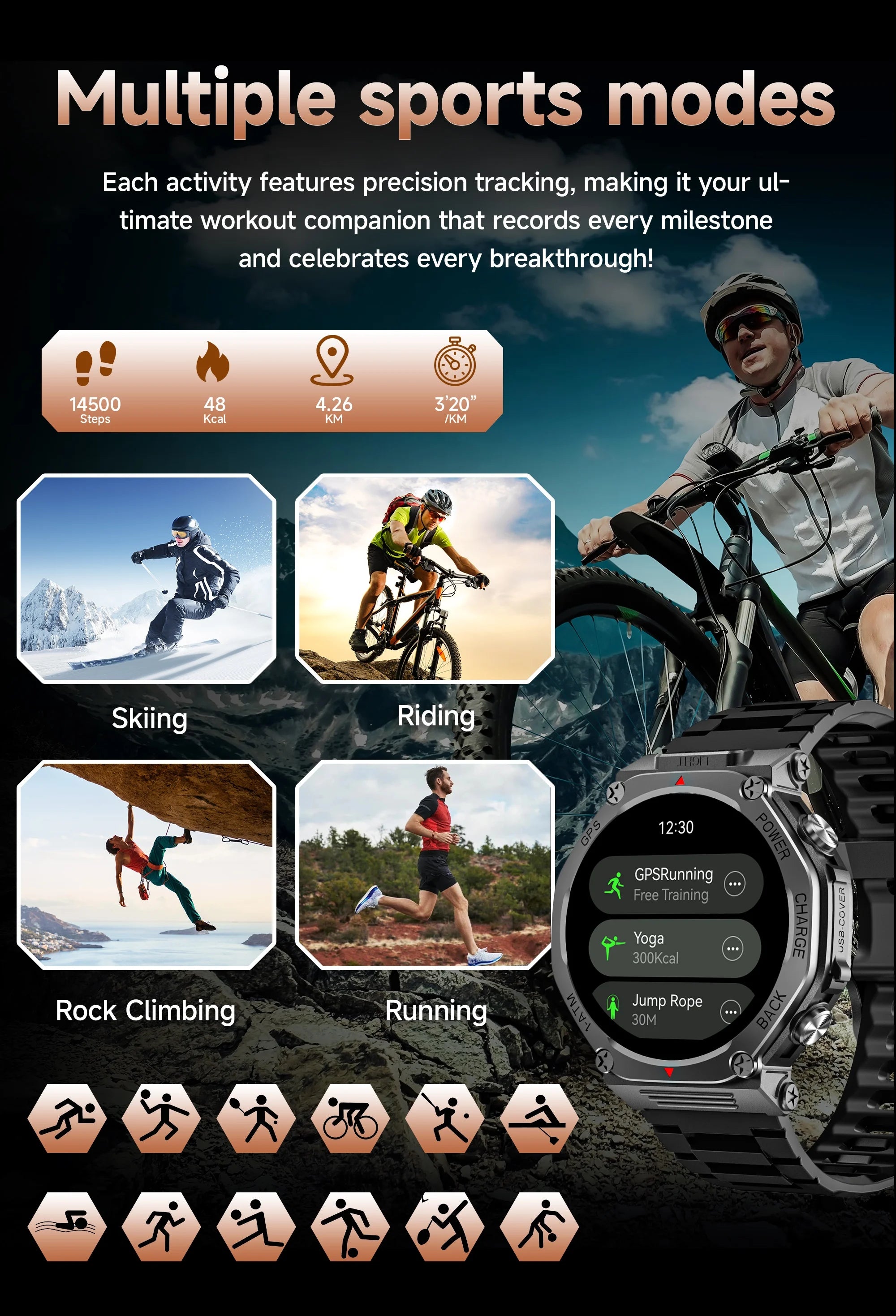 Rugged black smartwatch with a metallic frame, touchscreen interface, and GPS for tracking various sports activities.