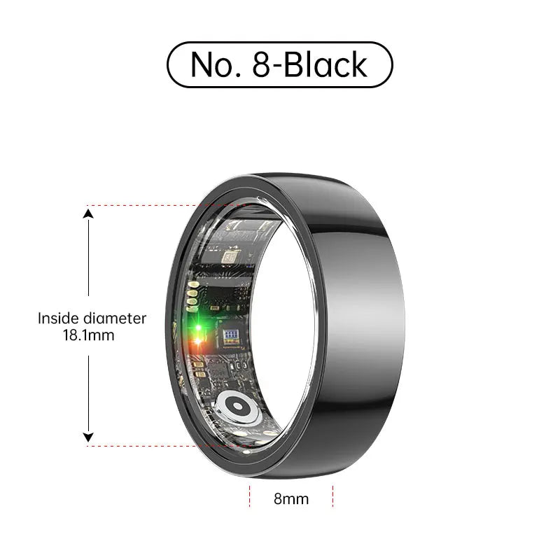 Sleek black smart fitness and sleep tracking ring with visible internal sensor technology and 18.1mm inside diameter.