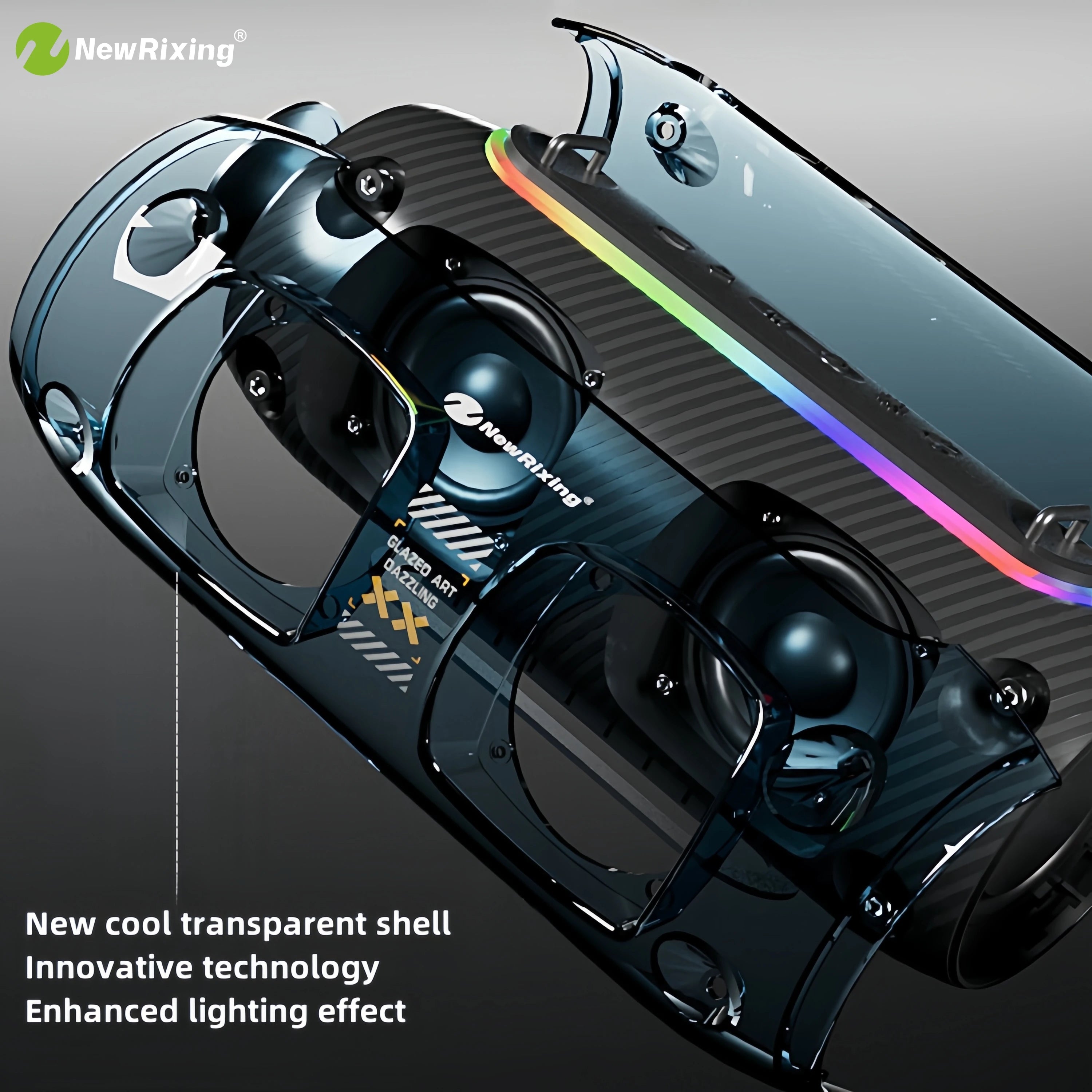 Portable Bluetooth speaker in a sleek, transparent shell with integrated multi-colour LED lighting effects.