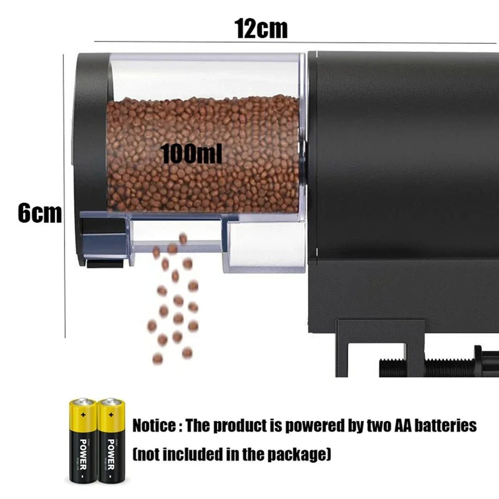 Black, automatic aquarium fish feeder with a 100ml transparent food container, dimensions shown, battery powered.