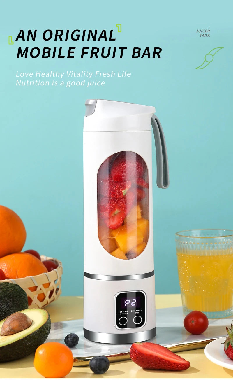 Portable white electric fruit juicer with a digital display, transparent blending chamber, and handle.