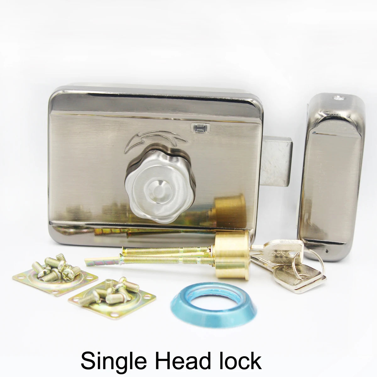 Silver-toned stainless steel rim door lock with a manual turning knob, keys, mounting hardware, and blue ring.