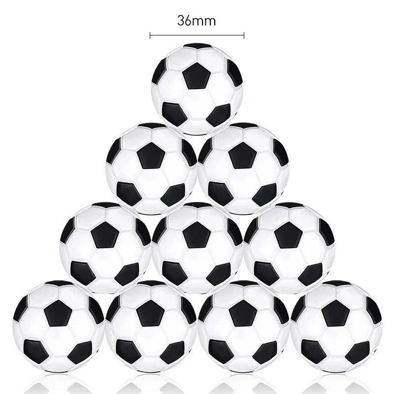 Pyramid stack of ten 36mm mini black and white footballs with classic pentagon pattern.