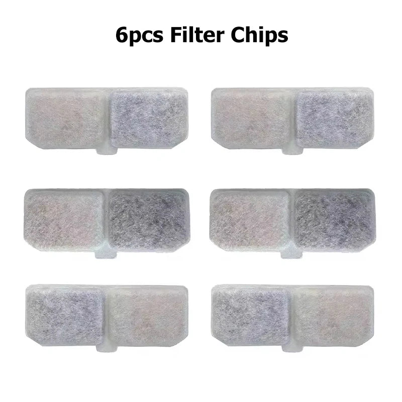 Set of 6 rectangular, grey fibrous filter chips for water purification. Features a two-section design with a central tab.