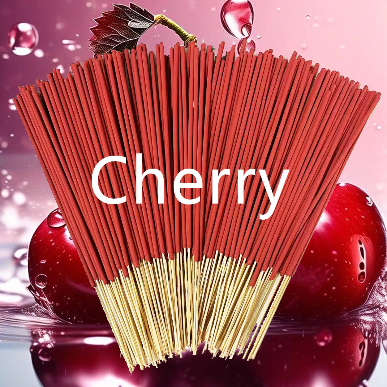 A fanned bunch of red cherry-scented incense sticks with wooden bases, set against a background of glossy cherries.