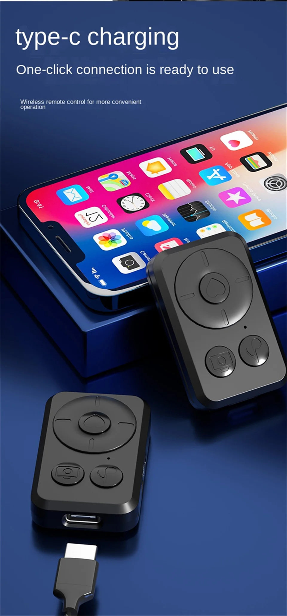 Black plastic wireless remote control shutter with camera and navigation buttons, charging via USB Type-C port.