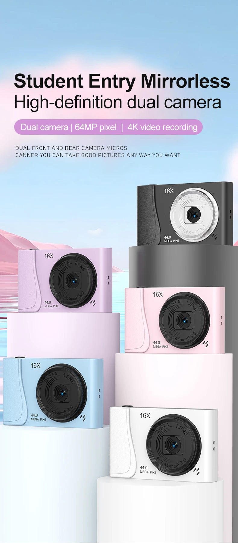Small plastic digital cameras with 16X zoom and 44MP lenses, available in black, white, pink, light blue, and lavender.