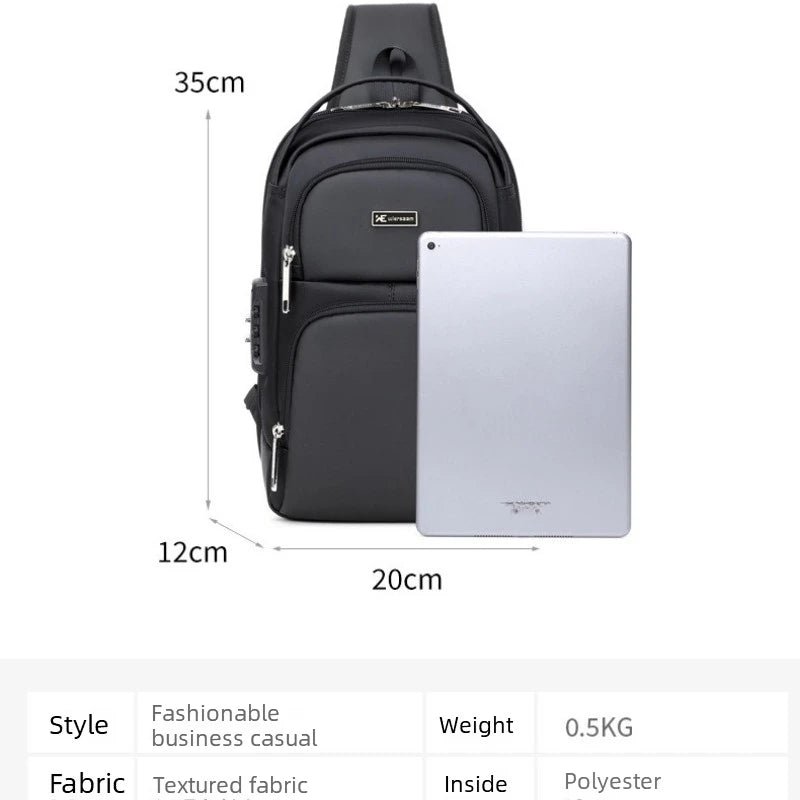 Black waterproof anti-theft sling bag with combination lock, shown next to a tablet for size reference.