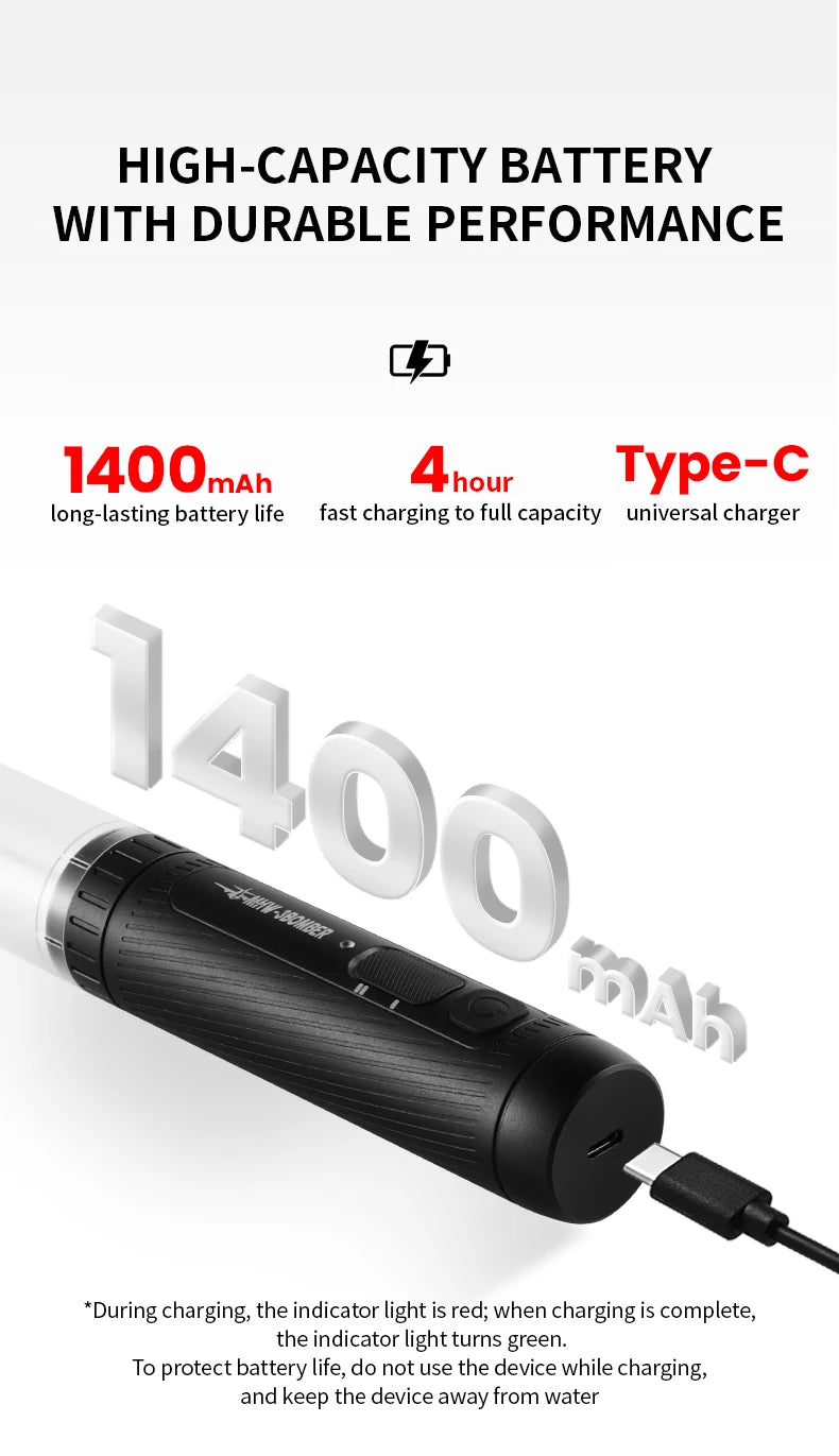 Black, cylindrical electronic device being charged via a USB-C cable. Features a textured grip and status light.
