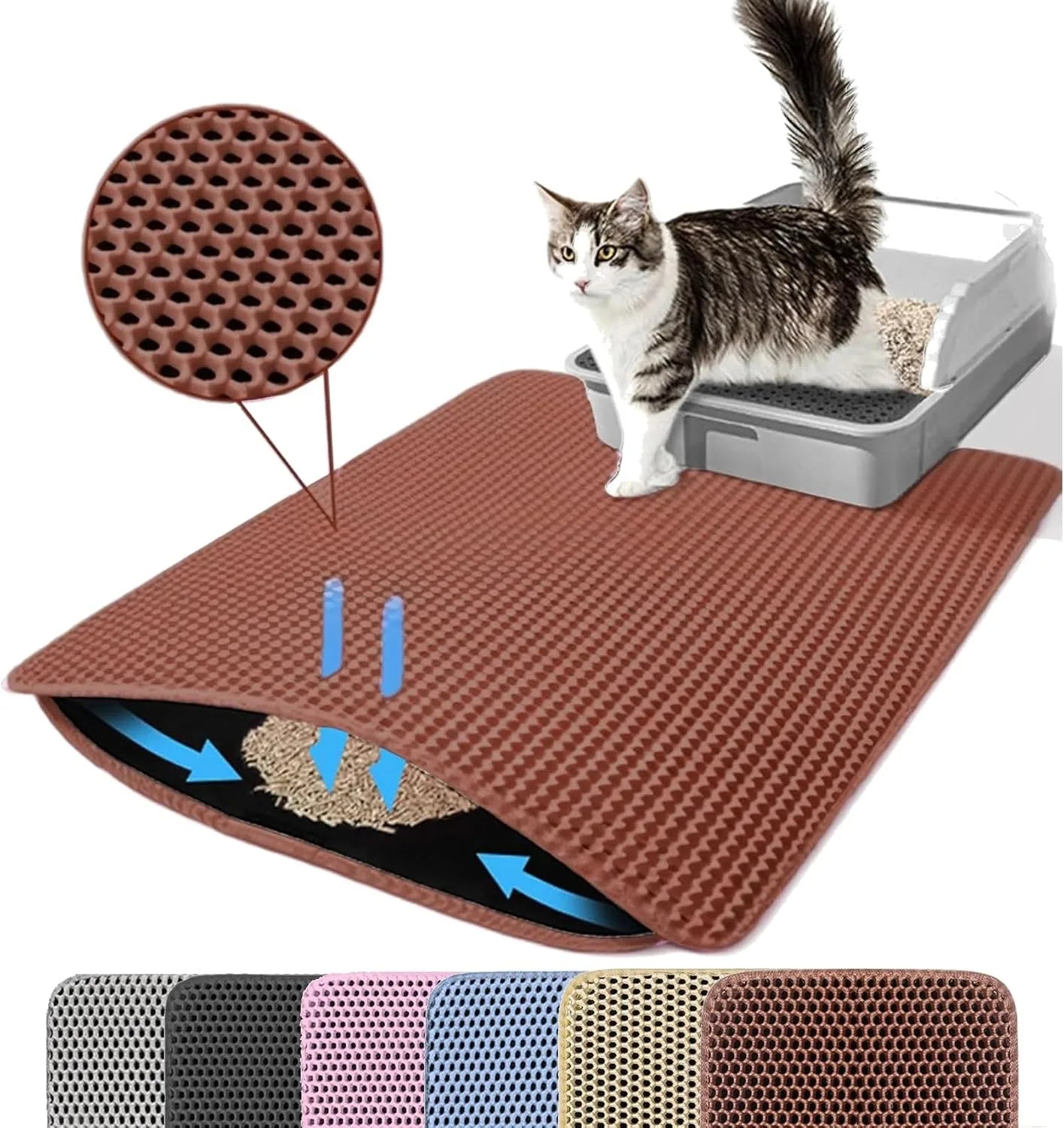 Brown, double-layer honeycomb cat litter mat with non-slip base. Shown trapping loose litter from a tray.