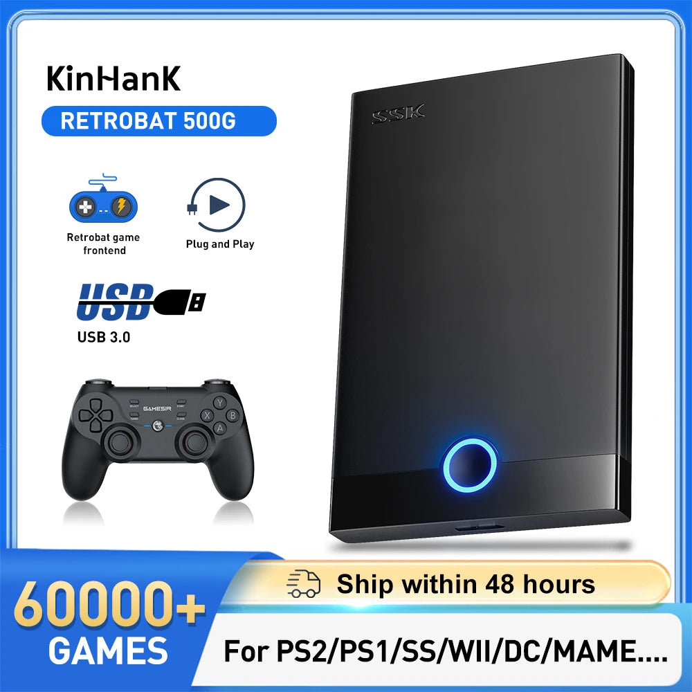Black gaming hard drive with SSK logo, blue LED indicator light, and a matching black game controller.
