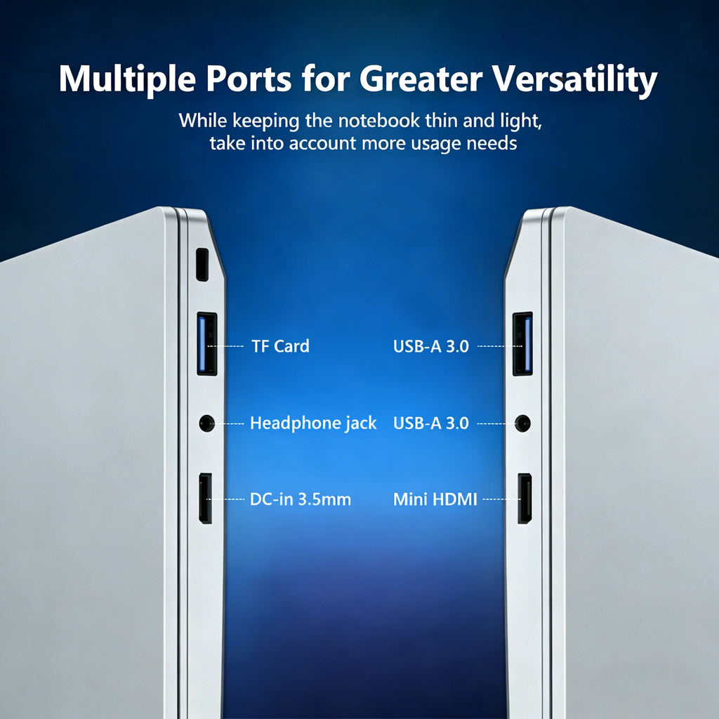 Silver 15-inch laptop showing side-profile connectivity, including USB, HDMI, TF card, and headphone ports.