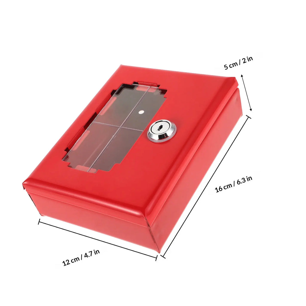 Red metal key box with a transparent window and a key lock, showing dimensions in centimeters and inches.