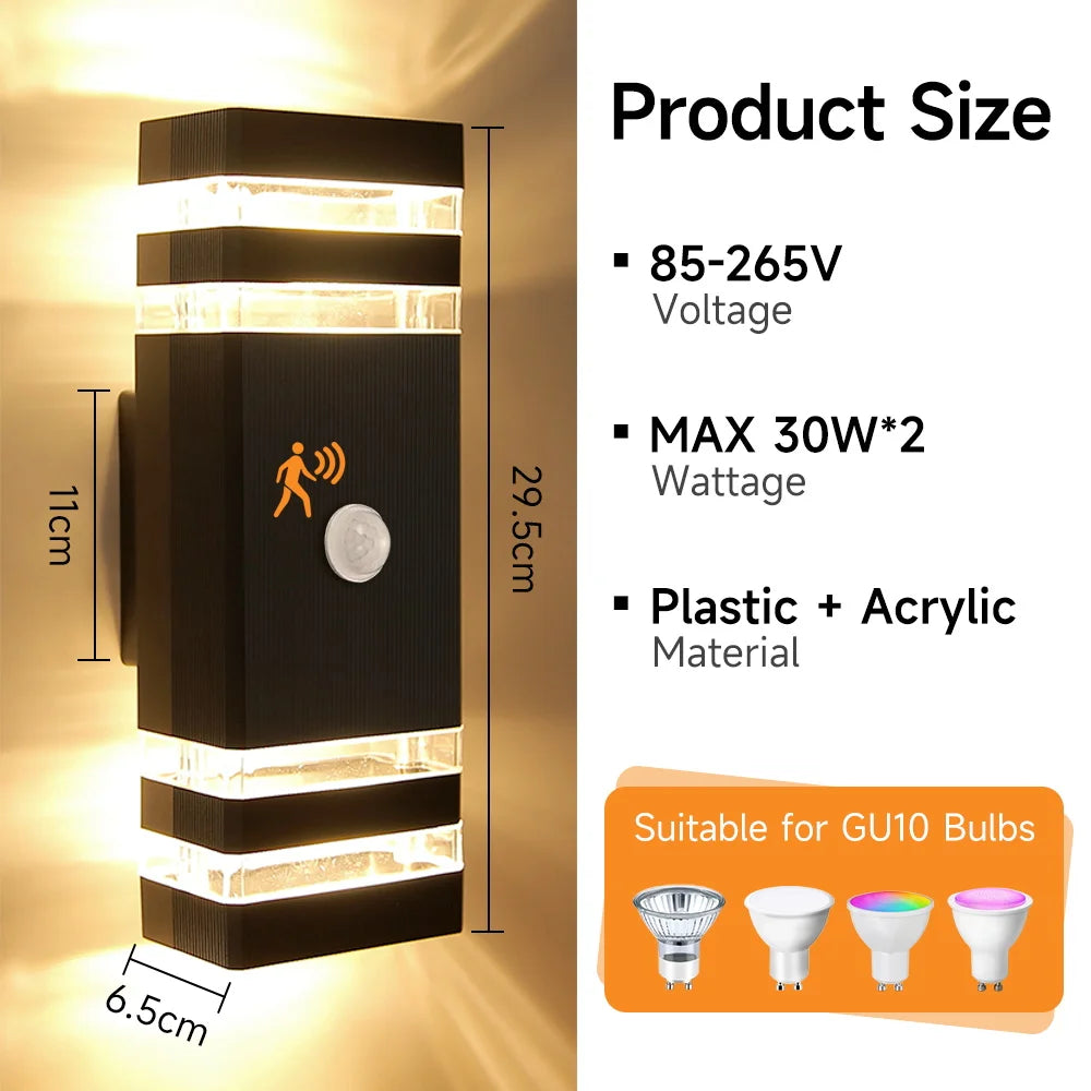 Modern black rectangular outdoor wall light with motion sensor and warm LED up-and-down lighting, suitable for GU10 bulbs.
