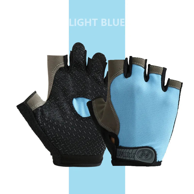 Light blue and black fingerless cycling gloves with grey accents, textured palms, and velcro wrist straps.