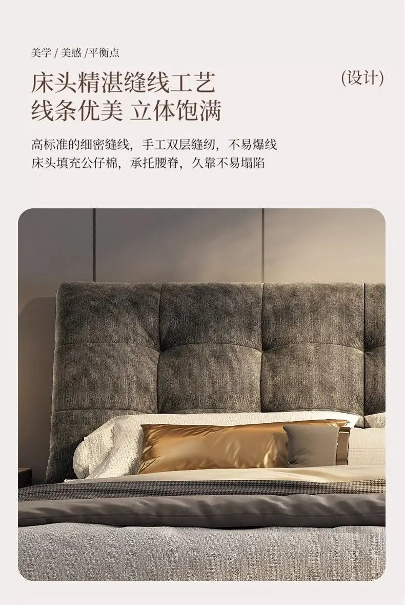 Modern minimalist bed frame featuring a plush, grey upholstered headboard with elegant grid-stitched detailing.