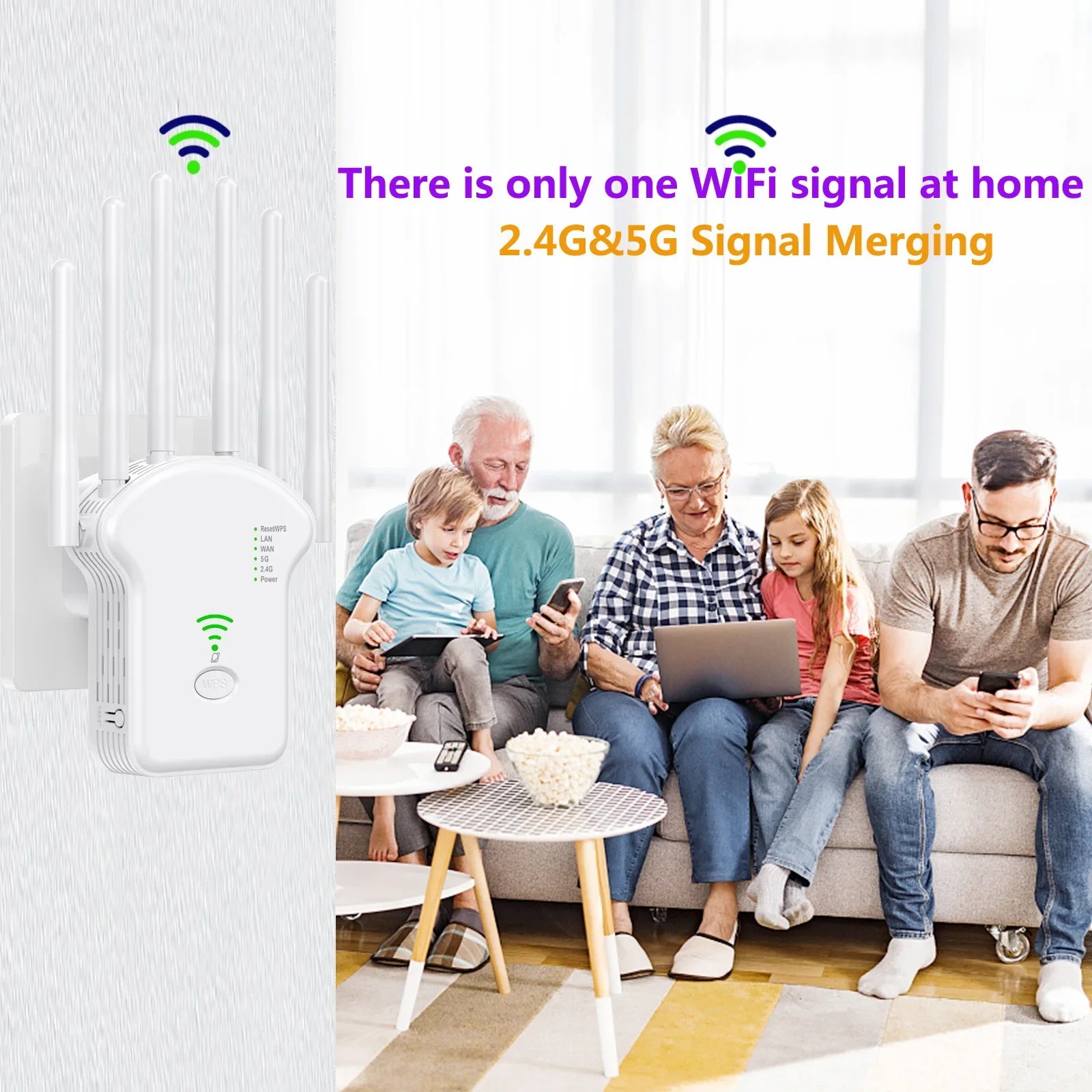White dual-band WiFi range extender with four antennas, showing signal-boosting technology for a connected family.