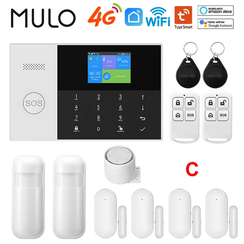 White 4G WiFi smart home alarm kit with touchscreen console, key fobs, remotes, motion sensors, and door contacts.