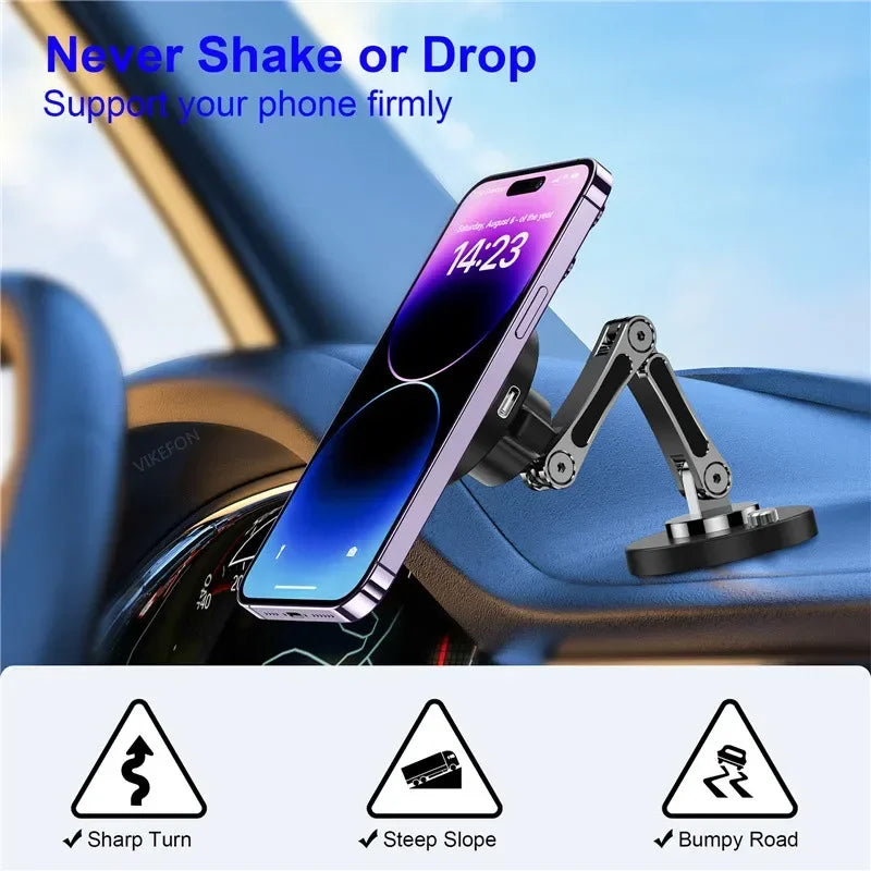 Black articulated car phone mount attached to a dashboard, holding a purple smartphone securely in place.