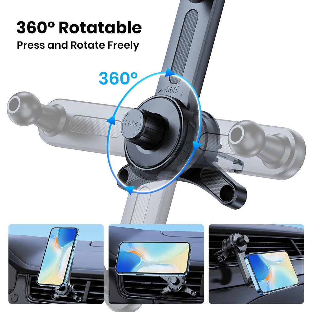 Black 360-degree rotating car air vent phone mount with a locking mechanism, shown holding a smartphone in landscape.