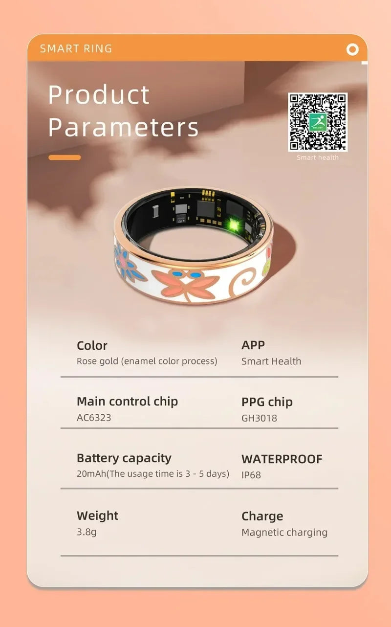 Rose gold smart health ring with floral enamel detailing, featuring an internal sensor and magnetic charging.