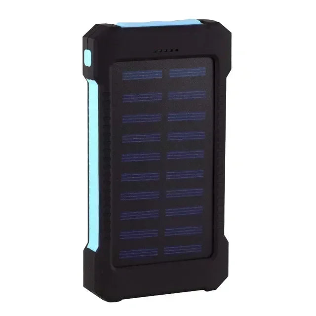 Rugged, black and blue portable solar power bank with a built-in solar panel and compact, shockproof design.