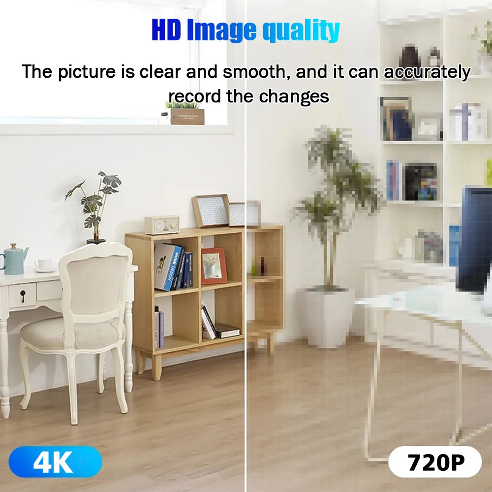 Split screen showing a clear 4K resolution image versus a pixelated 720P image of a home office interior.