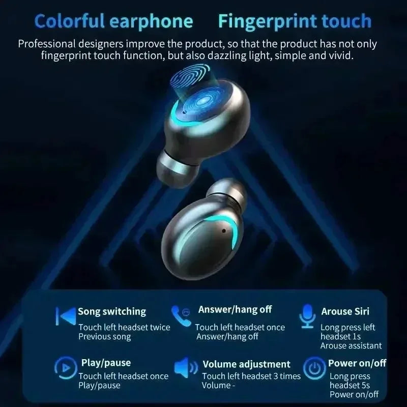 Sleek grey wireless earbuds with glowing blue LED ring indicators and fingerprint touch controls against a dark background.