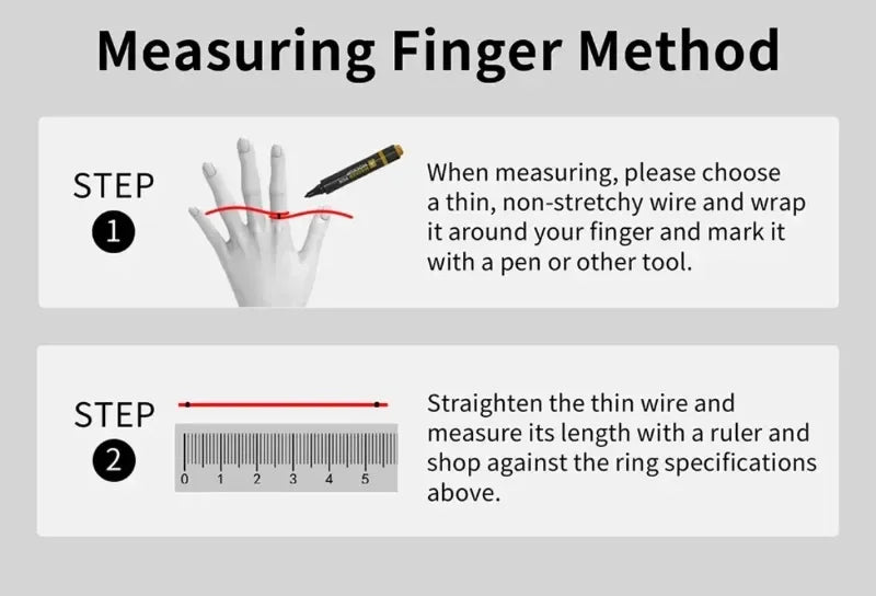 Two-step guide to measuring your finger size using wire, a pen, and a ruler to ensure a perfect smart ring fit.
