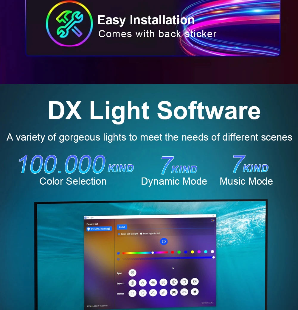 Smart LED backlight strip features easy installation, app control, custom colours, dynamic modes and music sync.
