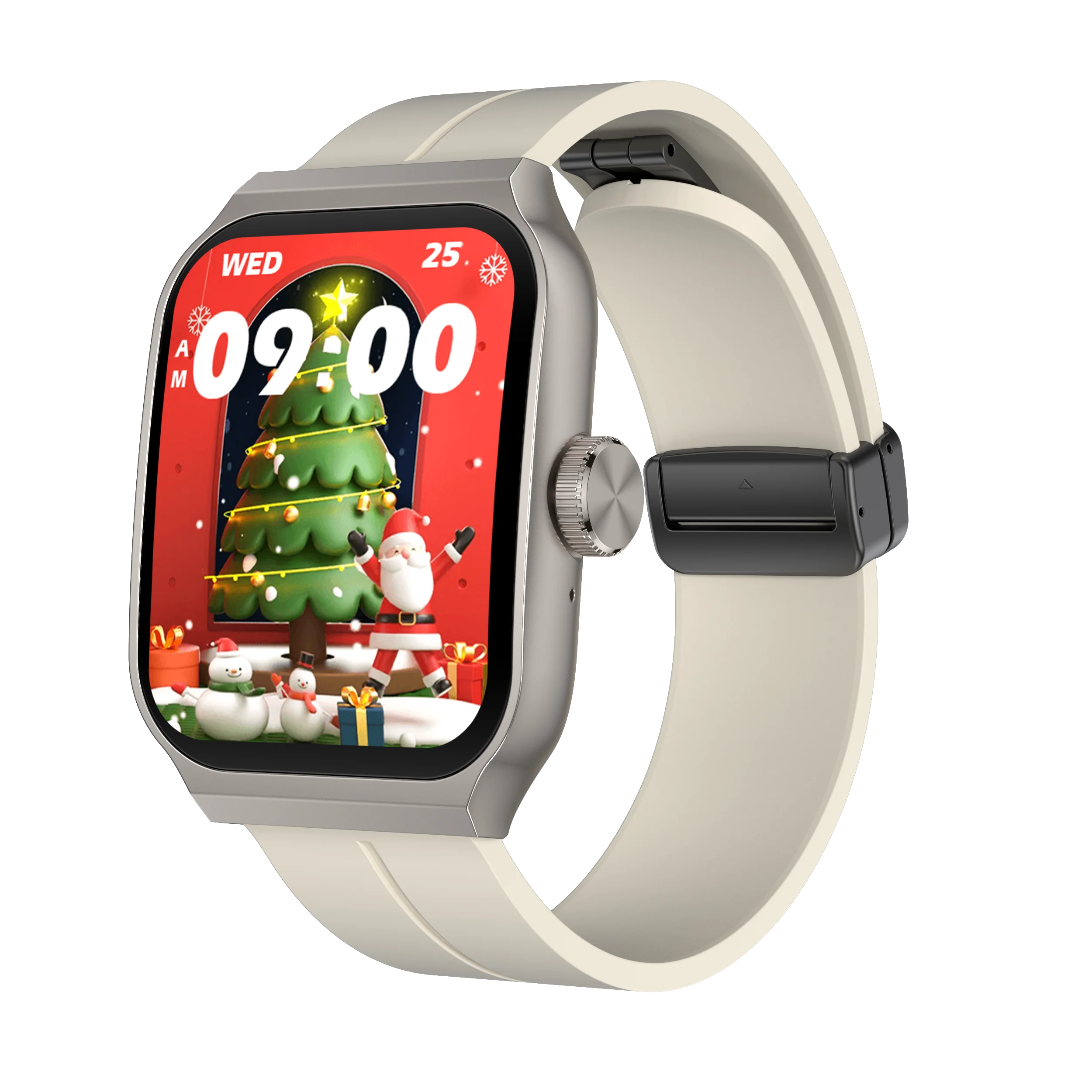 Smart watch with a 2.01-inch curved screen, silver case, and cream silicone strap, displaying a festive Christmas theme.