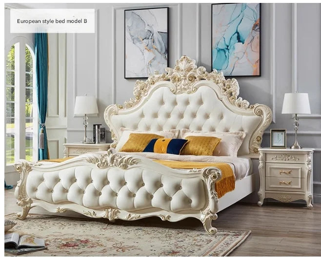 Luxury cream-coloured princess bed with a tall, button-tufted headboard and ornate gold-toned carved wood detailing.