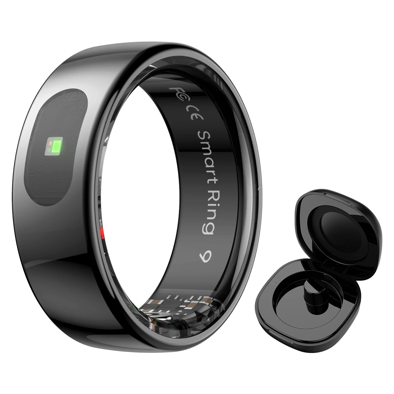 Glossy black smart health ring with an internal biometric sensor, shown next to its compact black charging case.