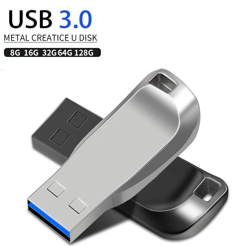 Sleek silver metal USB 3.0 flash drive featuring a compact, curved design with a lanyard hole.