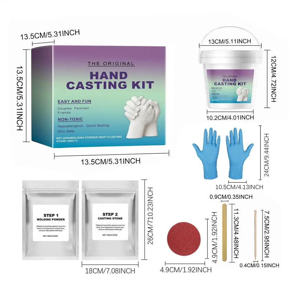 Hand casting kit including non-toxic molding powder, casting stone, mixing bucket, blue gloves, and tools with dimensions.