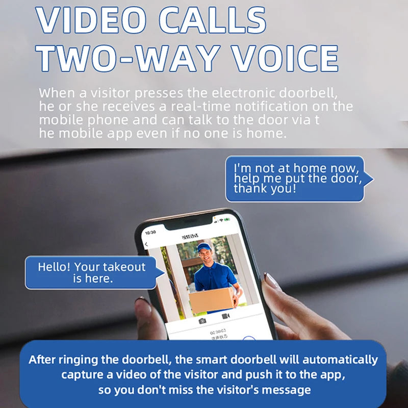 Smartphone showing a smart doorbell app interface with a live video feed of a delivery driver at a front door.