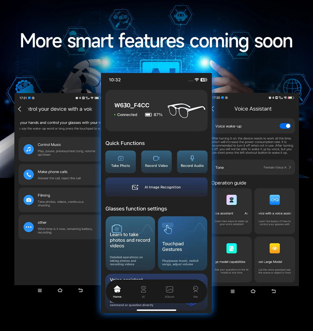 A smartphone interface showing the app for smart glasses, featuring controls for video recording and AI recognition.