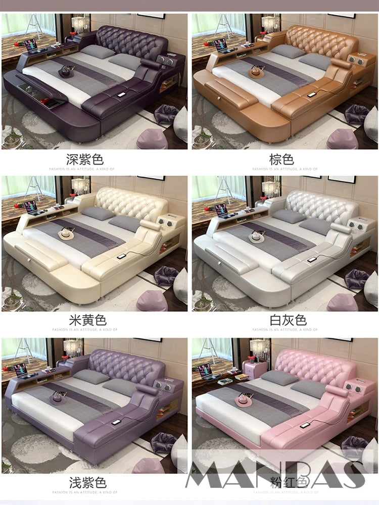 Luxury tufted upholstered platform beds featuring integrated speakers, storage, and LED lighting, shown in six colours.